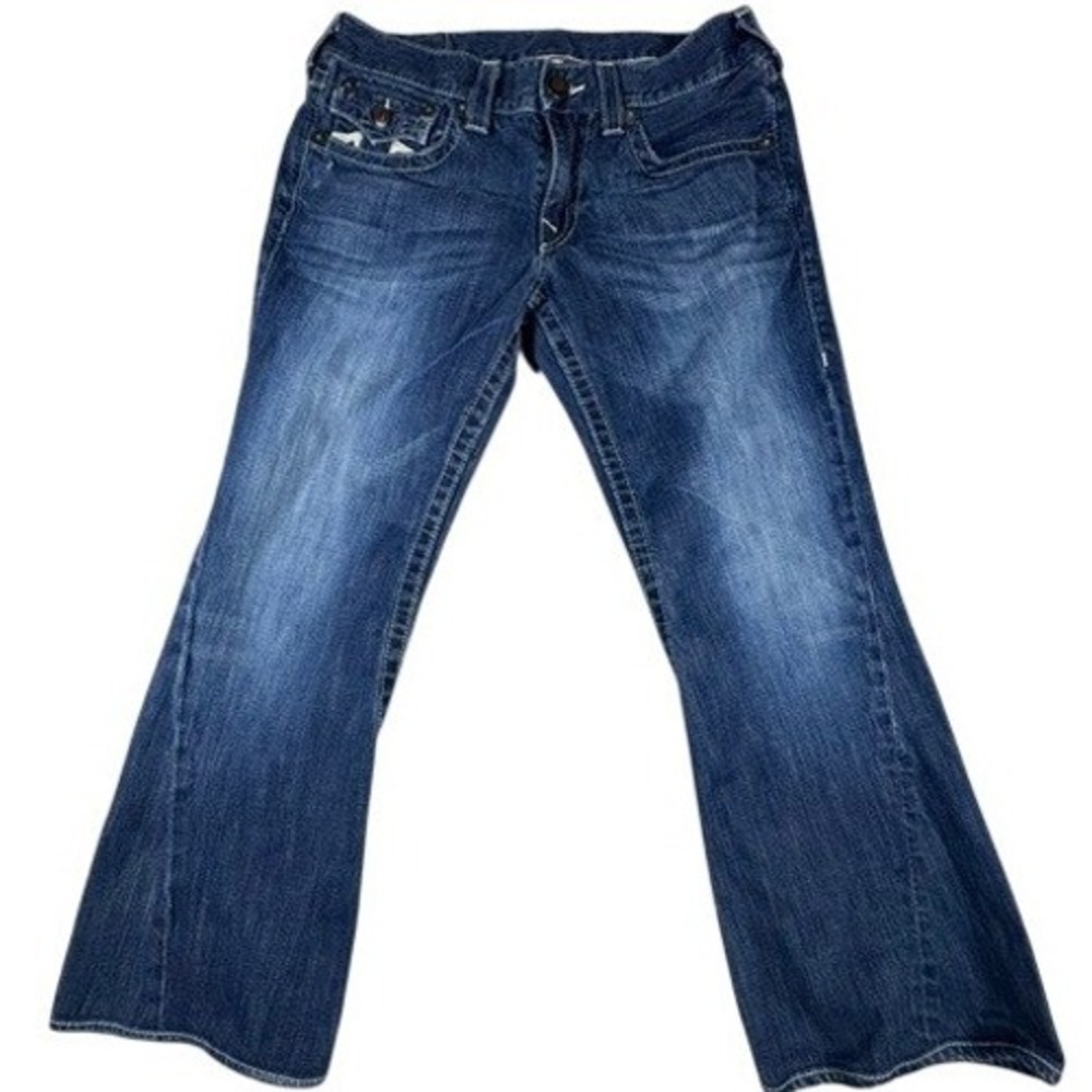 True Religion Jeans M 34 Joey Flare Dark Wash Horseshoe Flap Pocket Twisted Seam